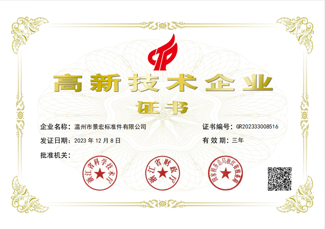 Wenzhou City Jinghong Fasteners Co., Ltd. ha vinto il certificato Enterprise High-Tech